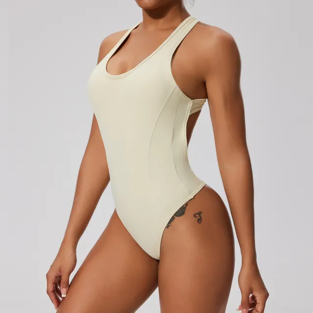 Casual Beautiful Back Basic Tight Jumpsuit Yoga Clothes Oatmeal Color - Shop at LoveMi
