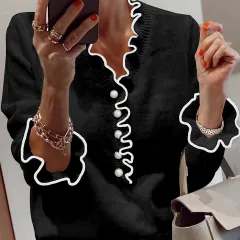 Women's Long Sleeve V-neck All-matching Clothes Sweater - Black - View 1