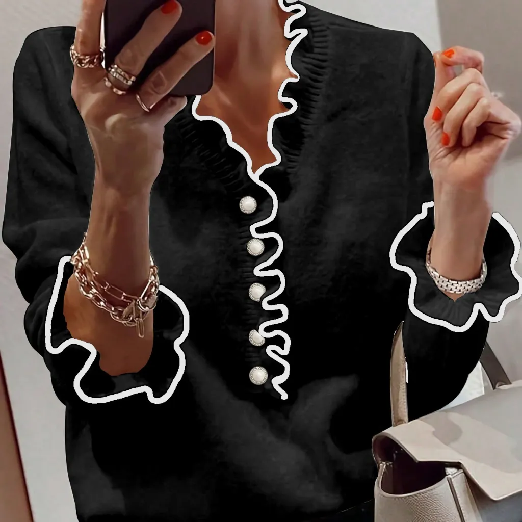 Women's Long Sleeve V-neck All-matching Clothes Sweater - Black