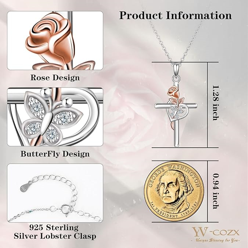 European And American S925 Sterling Silver Cross Rose Pendant Clavicle Chain