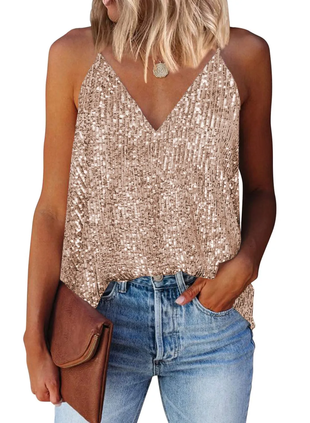 Europe And America Cross Border Foreign Trade Sexy Women Clothing Summer New Sexy V-neck Sequin Sling Vest T-shirt - Gold