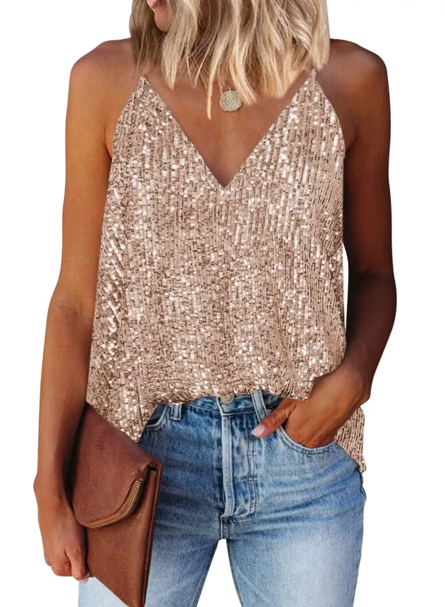 Europe And America Cross Border Foreign Trade Sexy Women Clothing Summer New Sexy V neck Sequin Sling Vest T shirt Gold - Shop at LoveMi