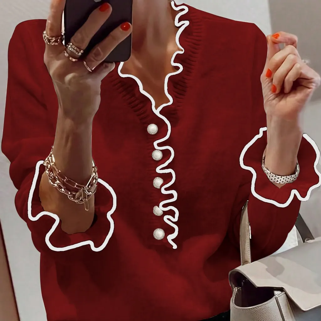 Women's Long Sleeve V-neck All-matching Clothes Sweater - Dark Red