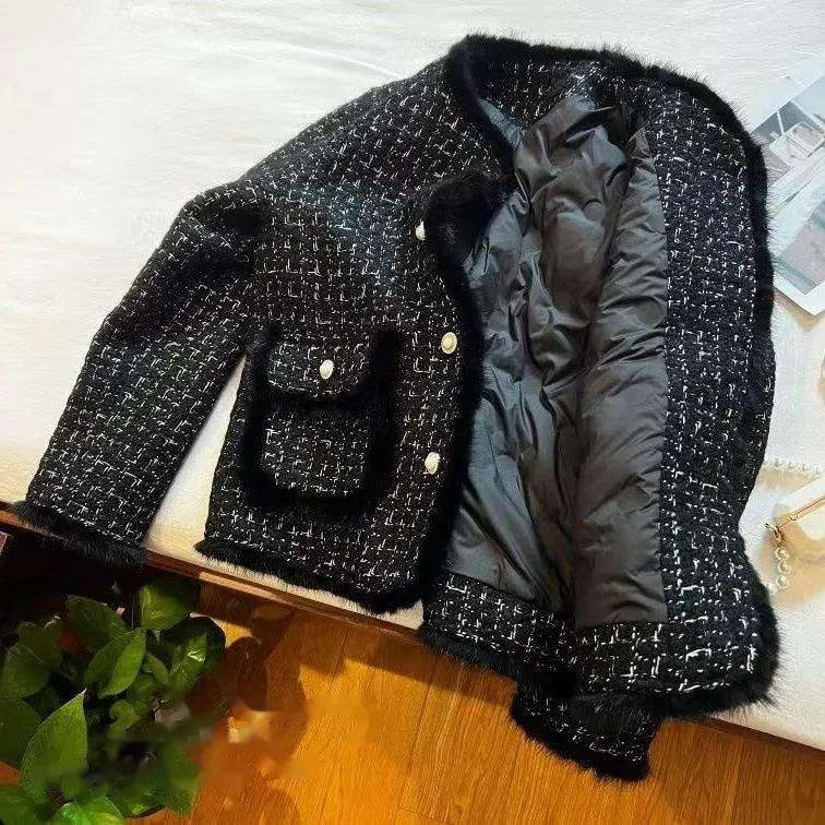 Coat Fashionable Coarse Pattern Elegant Slimming Thickened Quilted - Black