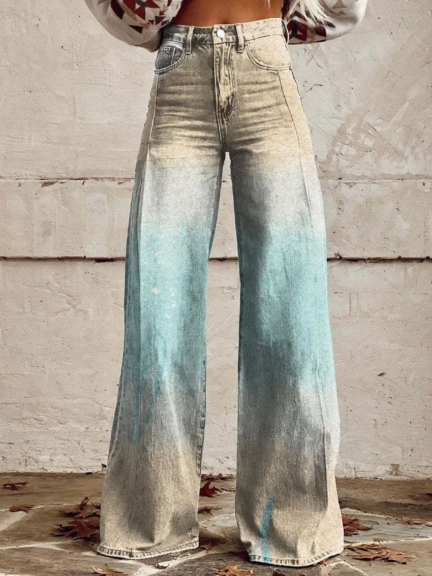 Wide-legged Pants Thermal Transfer Bell-bottom Pants Simulation Denim Trousers - Style 45-2Xl