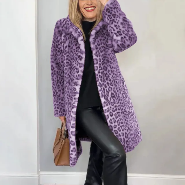 Fall Winter Leopard Print Plush Mid length Coat Purple - Shop at LoveMi
