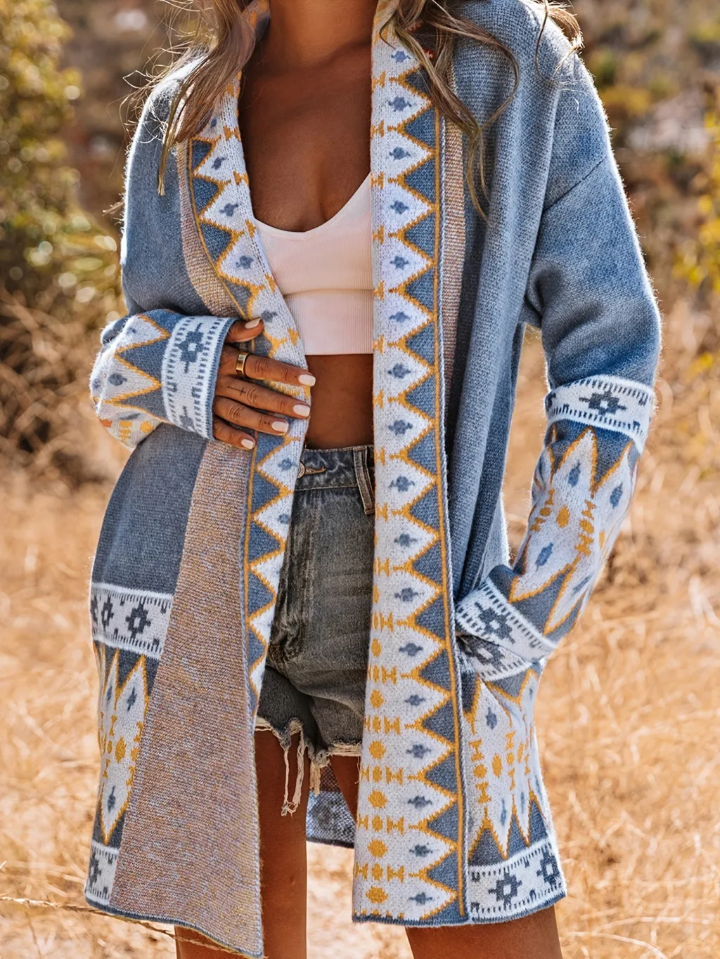 Ethnic Style Printed Long Sleeve Knitted Sweater Cardigan Coat - Blue