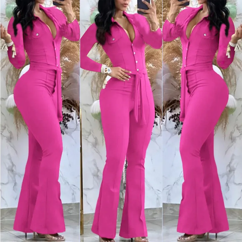 Autumn And Winter Button Lapel Slightly Flared Workwear Bag Jumpsuit Containing Belt - Rose Red