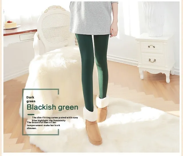 Step on Single layer Fleece lined Thick Leggings Korean Style Plus Size Thermal Pants Women Dark Green - Shop at LoveMi