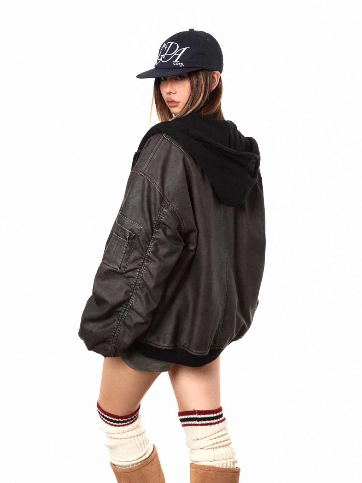 Vintage Distressed Leather Coat Hooded Cotton Jacket