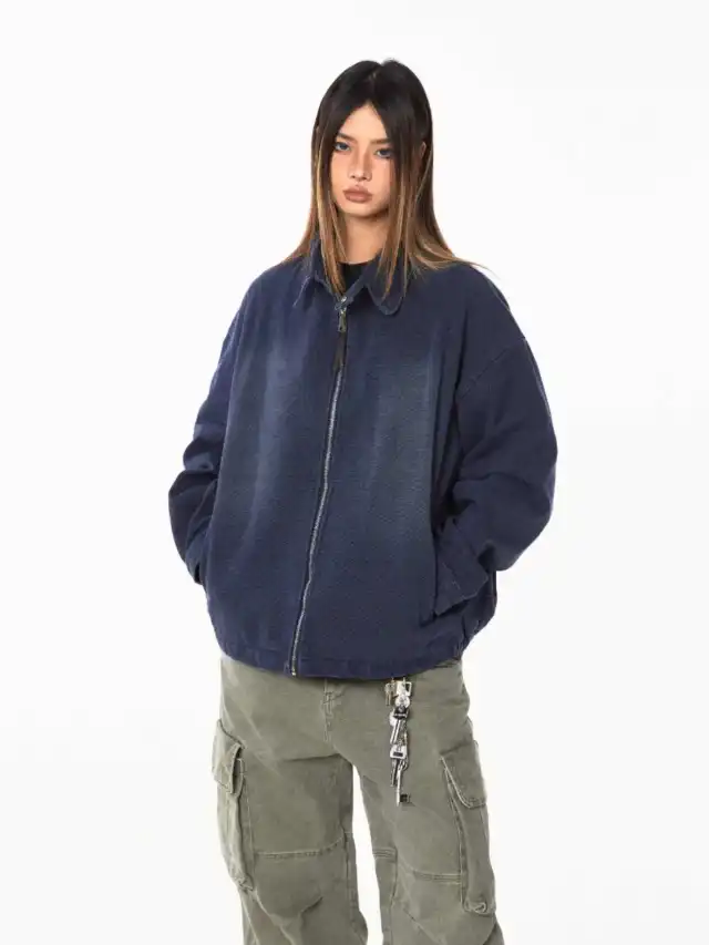 Washed Old Base Denim Coat Short Retro Loose Navy Blue - Shop at LoveMi