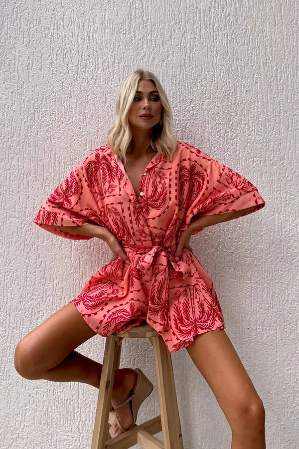 Summer New Women's Waist controlled Lace up Geometric Printed Jumpsuit Red - Shop at LoveMi