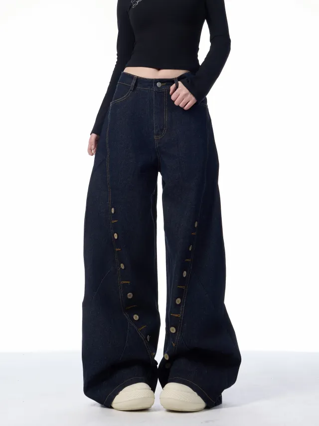 Multi row Buttonhole Machete Denim Pants Black - Shop at LoveMi
