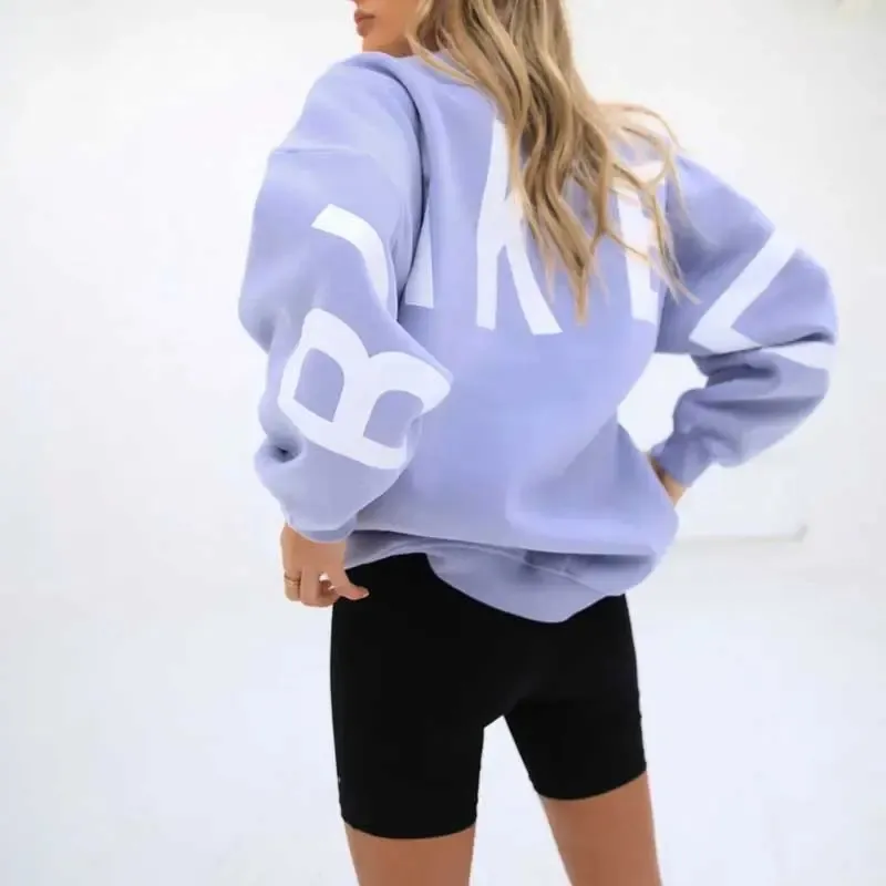 Fashion Printed Thickening Long Sleeve Loose Sweatshirt - Round Neck Light Purple
