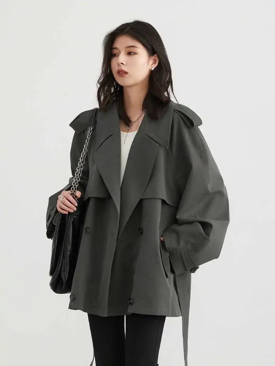 Autumn New Loose Tencel Raglan Long Sleeve Double Breasted Trench Coat - Coffee Green
