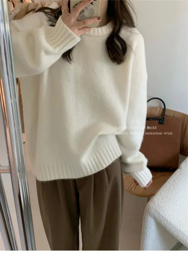 Lazy Style Solid Color Versatile Outer Wear Wool Knit Sweater Beige - Shop at LoveMi