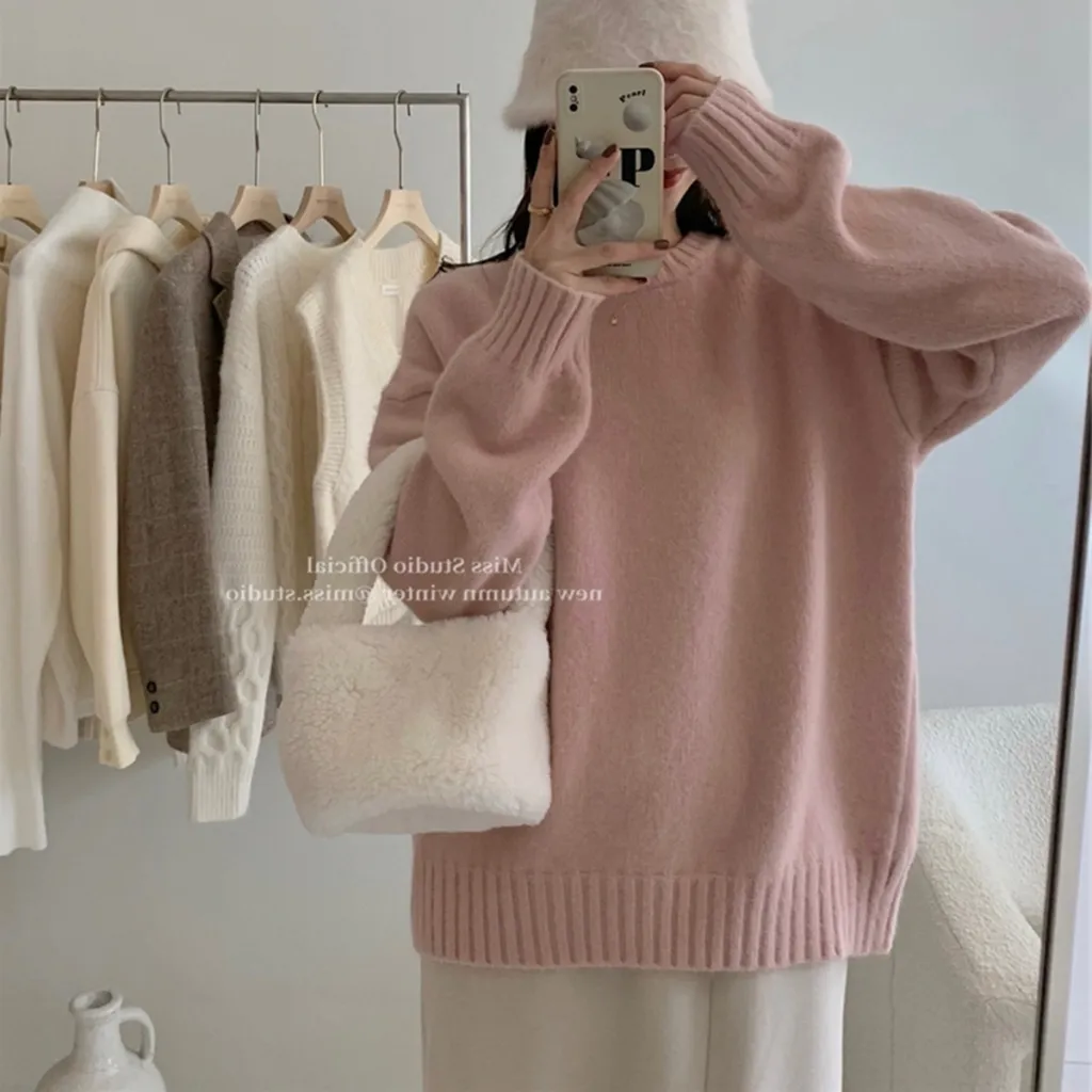 Lazy Style Solid Color Versatile Outer Wear Wool Knit Sweater - Light Pink