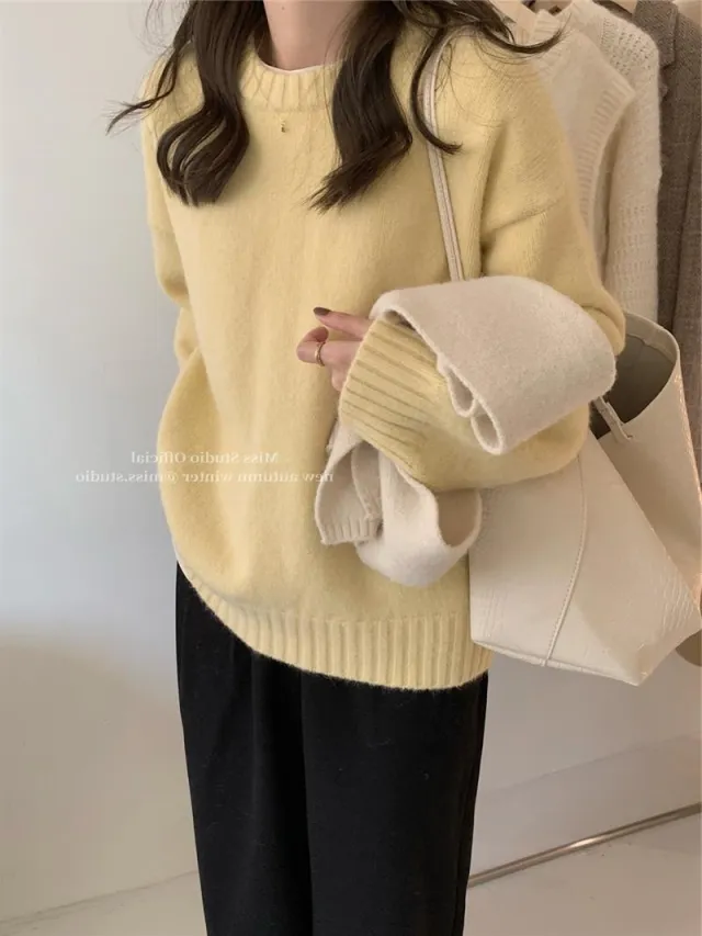 Lazy Style Solid Color Versatile Outer Wear Wool Knit Sweater Light Yellow - Shop at LoveMi