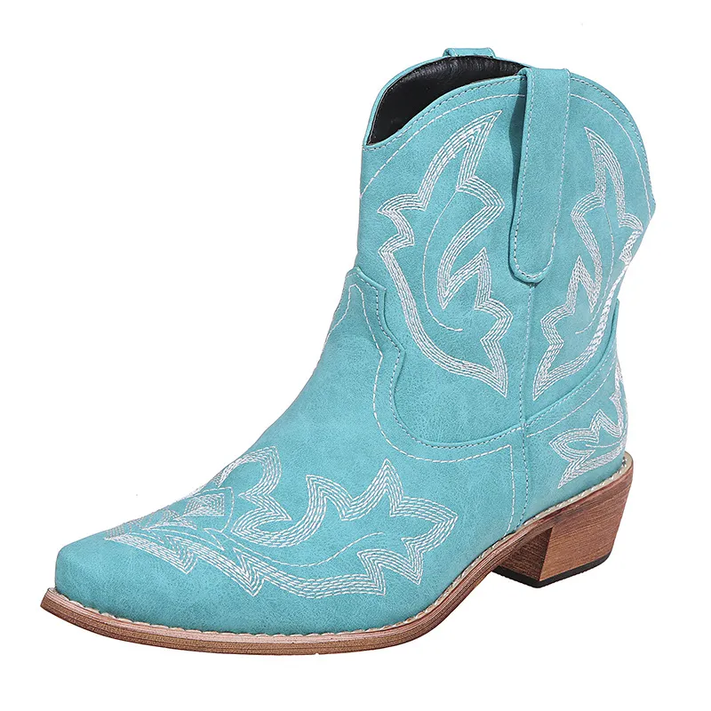 Pointed Embroidered Chunky Heel Women's Leather Boots - Blue