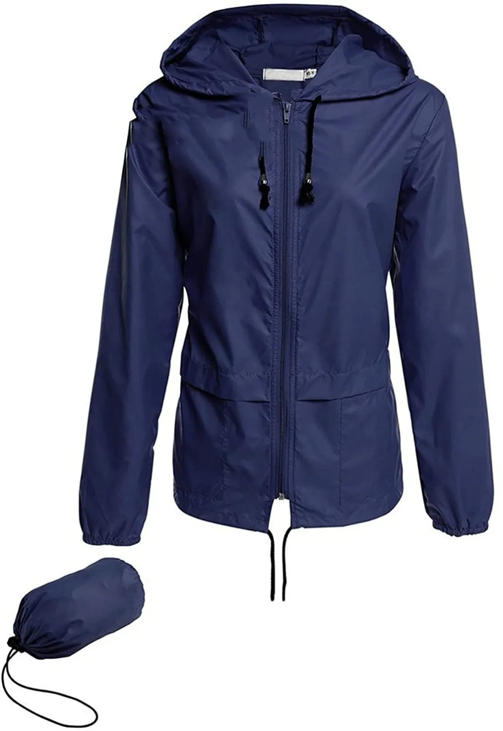 Hooded Solid Color Long Sleeve Coat And Trench Coat - Navy Blue