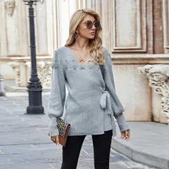 All-match Commute Knitted Lace-up Sweater - Medium Gray - View 1