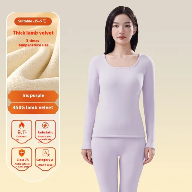 Women's Autumn Winter Berber Fleece Thermal Underwear Iris Tectorum Purple U Collar - Shop at LoveMi