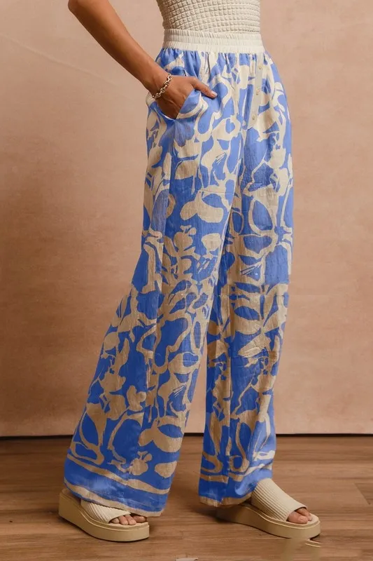 Women's Flower Print Elastic waist Straight leg Pants Loose Casual Pants Blue - Shop at LoveMi