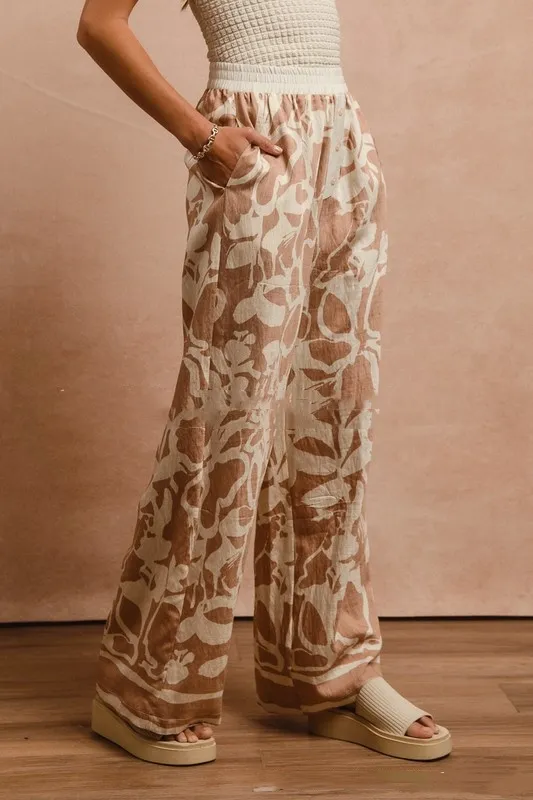 Women's Flower Print Elastic waist Straight leg Pants Loose Casual Pants Khaki - Shop at LoveMi