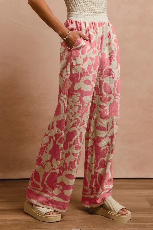 Women's Flower Print Elastic waist Straight leg Pants Loose Casual Pants Pink - Shop at LoveMi