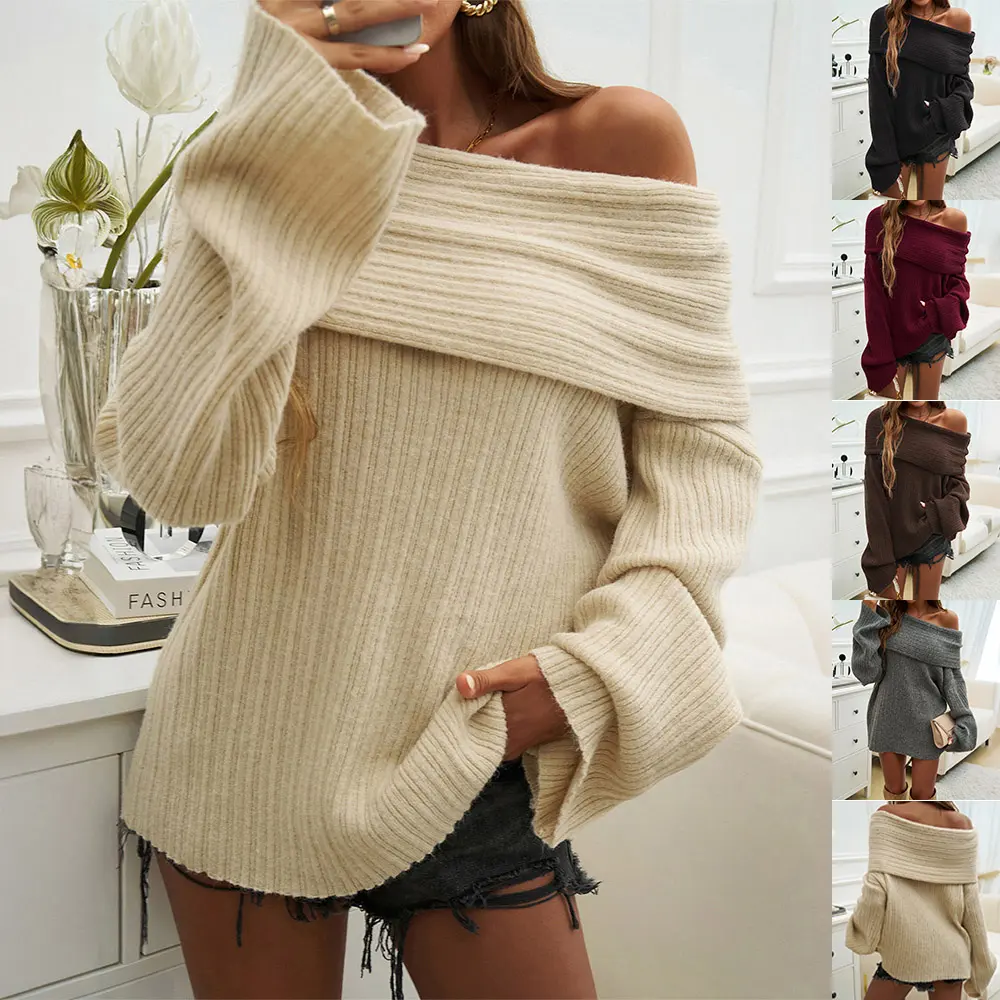 New Off-shoulder Knitted Sweater Fashion Loose Solid Pullover Long-sleeved