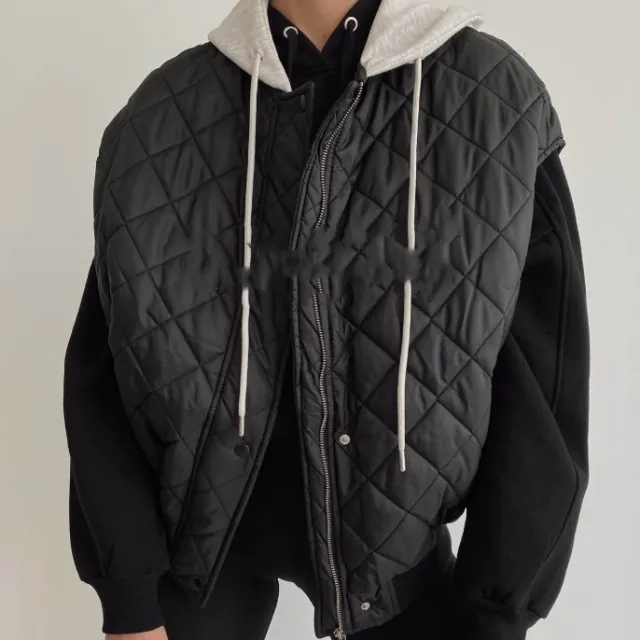 Diamond Lattice Hooded Cotton Sleeveless Jacket Top Vest Black - Shop at LoveMi