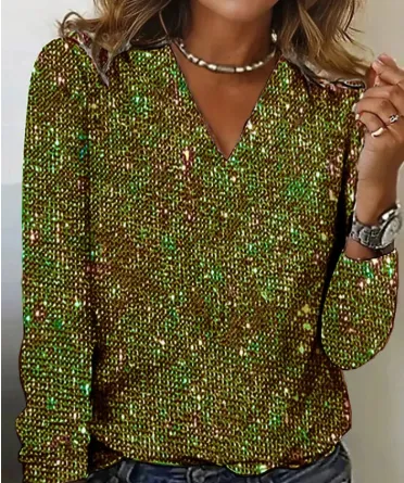 Women's Pure Color Sequins Long sleeved T shirt Green1 - Shop at LoveMi