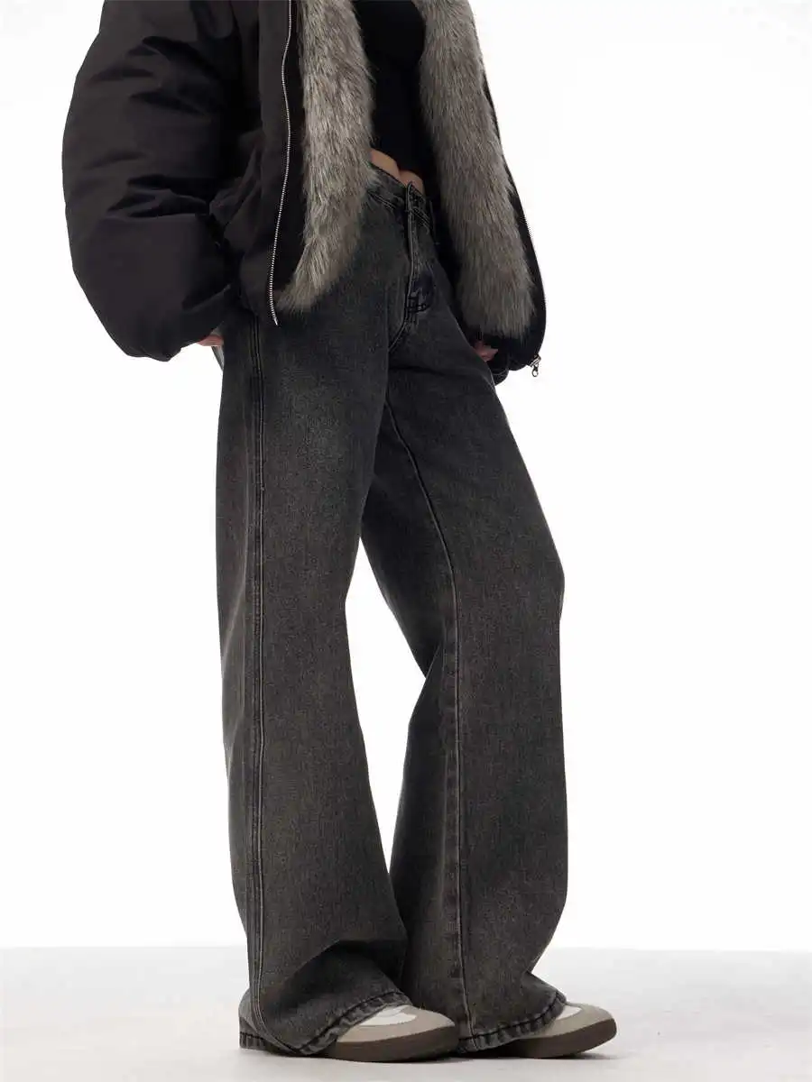 Spring Vintage Coal Gray Washed Worn Jeans - Gray