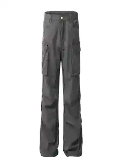 Retro Multi-pocket Cargo Loose Straight Casual Pants - Gray - View 1