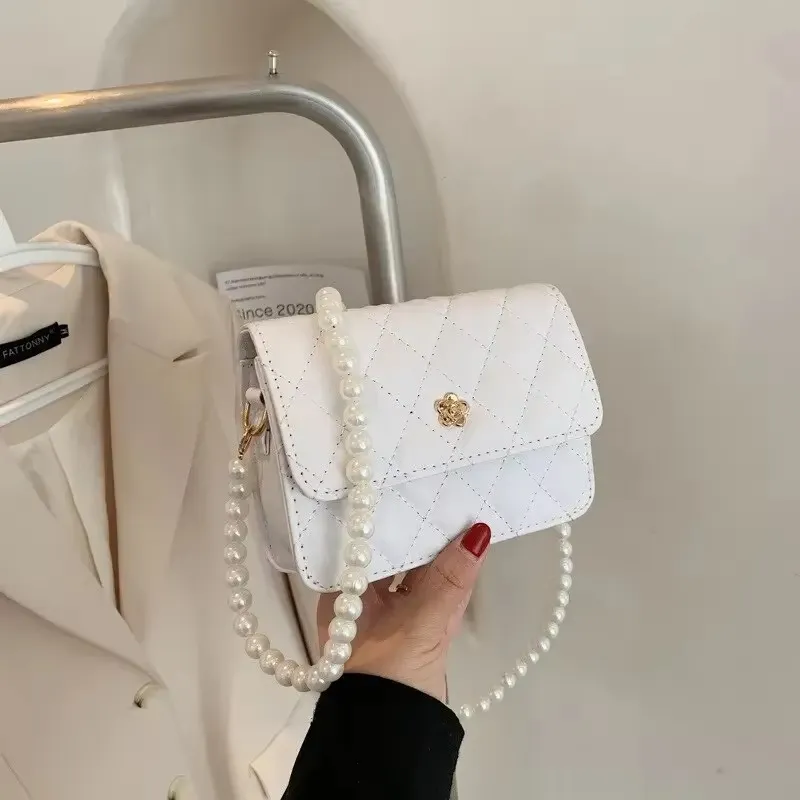 New Diamond Grid Pearl Chain Women's Cross-body Bag - White