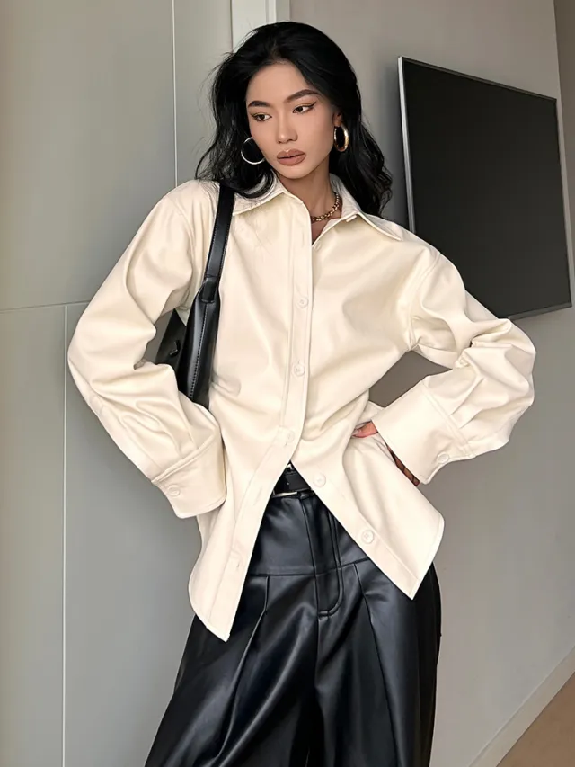Retro Women's PU Leather Pointed Collar Bottoming Shirt Apricot - Shop at LoveMi