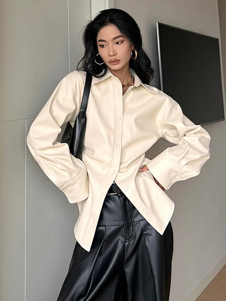 Retro Women's PU Leather Pointed Collar Bottoming Shirt - Apricot