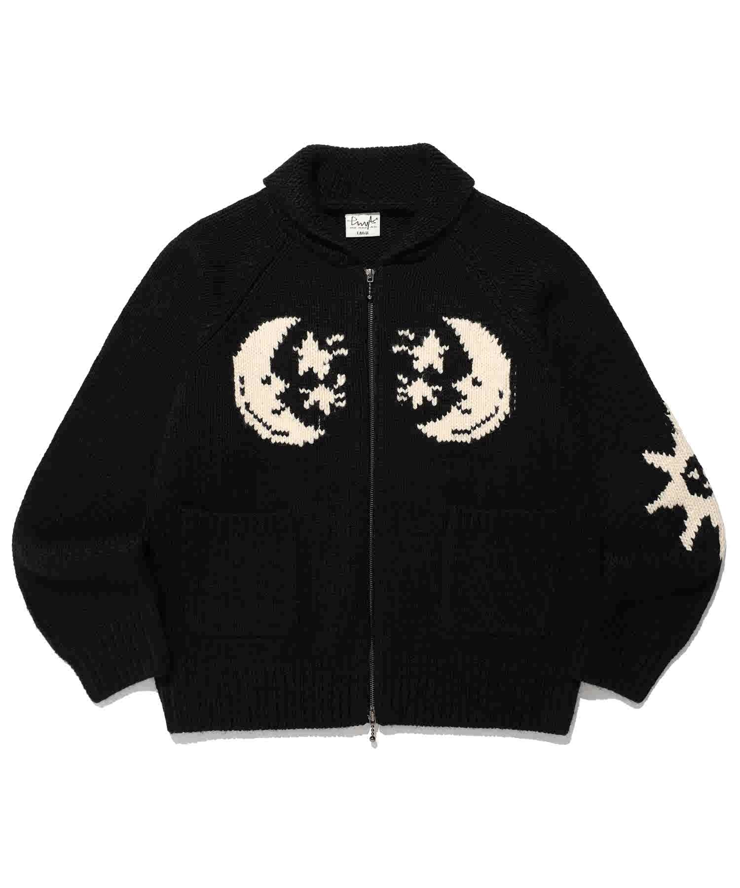 Star Moon Jacquard Lapel Zipper Knitted Cardigan Sweater