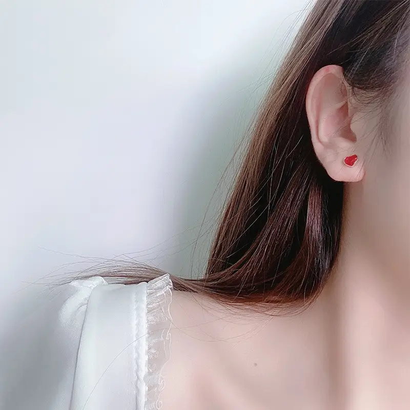 Fashion Red Small Heart 925 Sterling Silver Stud Earrings