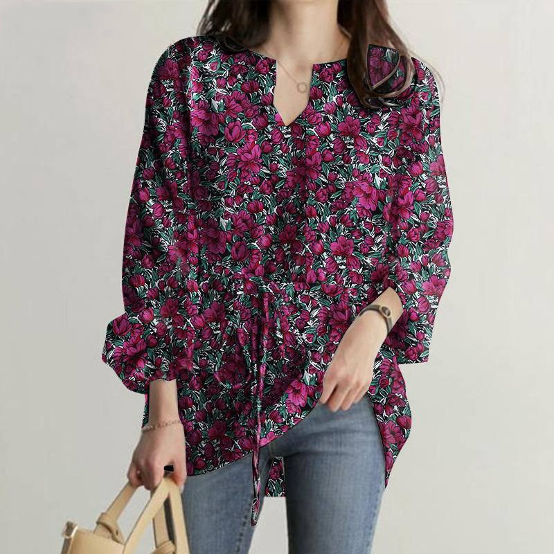 Spring And Autumn New Long Sleeve V-neck Floral Print Top