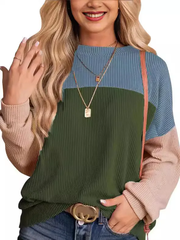 Striped Color Matching Long Sleeve Loose Sweatshirt Green - Shop at LoveMi