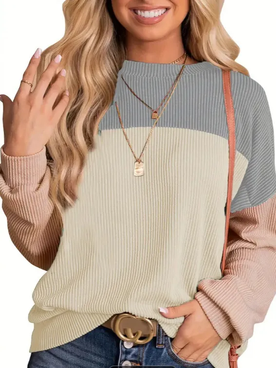 Striped Color Matching Long Sleeve Loose Sweatshirt Khaki - Shop at LoveMi