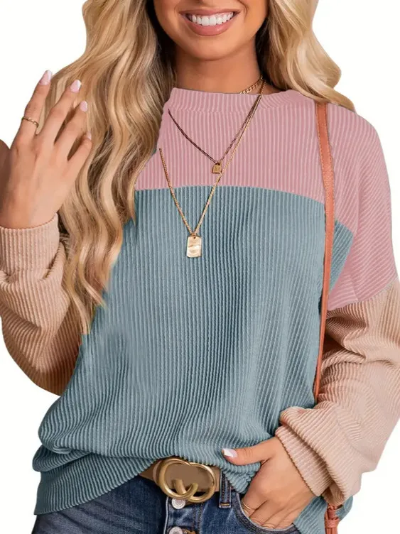 Striped Color Matching Long Sleeve Loose Sweatshirt Sky Blue - Shop at LoveMi