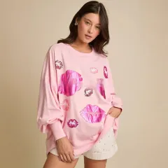 Women's Valentine's Day Sequined Kiss Top Fashion - Pink - View 1