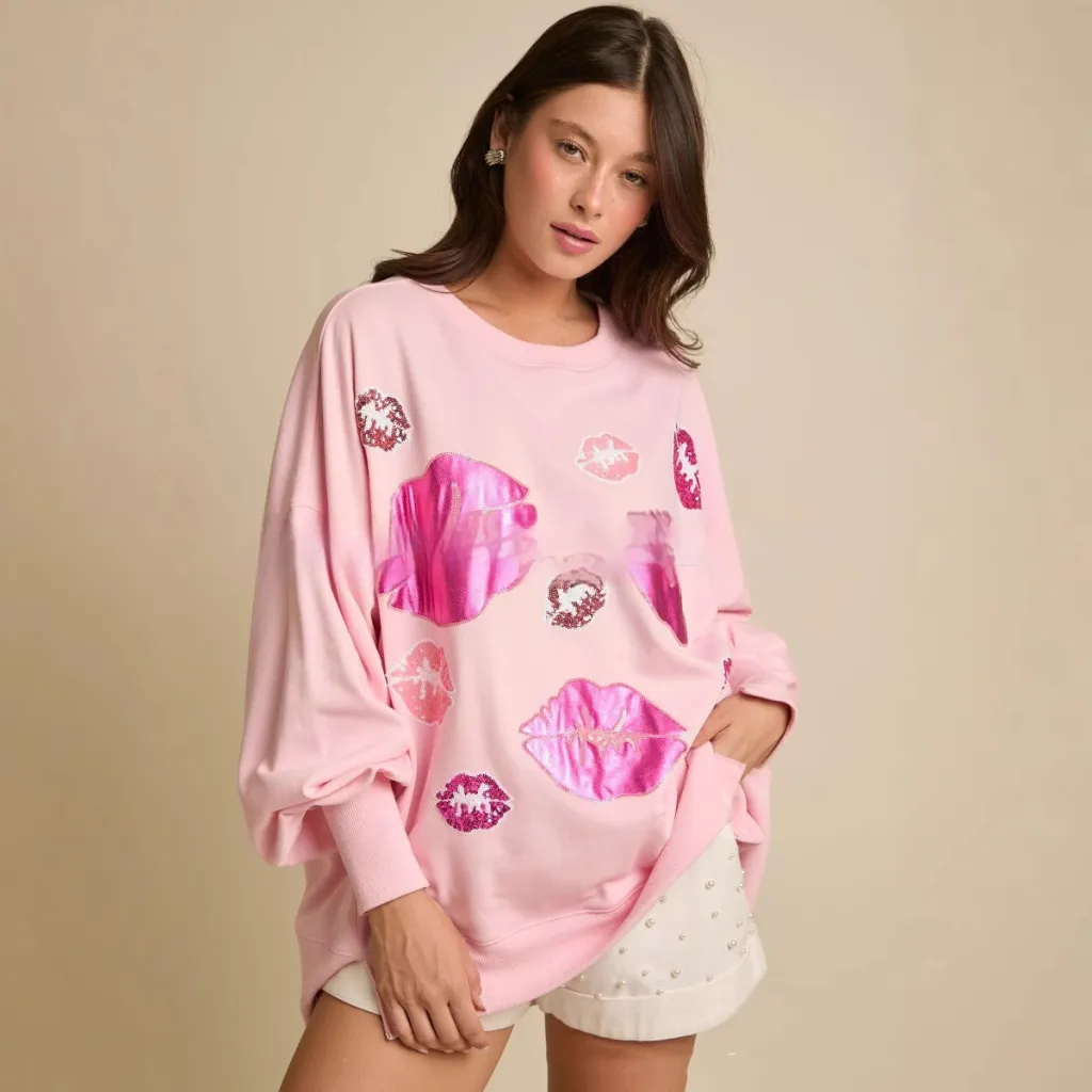 Women's Valentine's Day Sequined Kiss Top Fashion - Pink