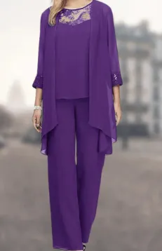Round Neck Lace Chiffon Patchwork Cardigan Straight-leg Pants Three-piece Suit - Dark Purple