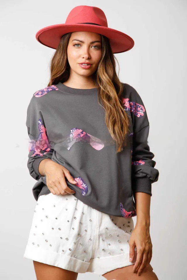 Women's Valentine's Day Sequined Long sleeved Sweater Gray - Shop at LoveMi