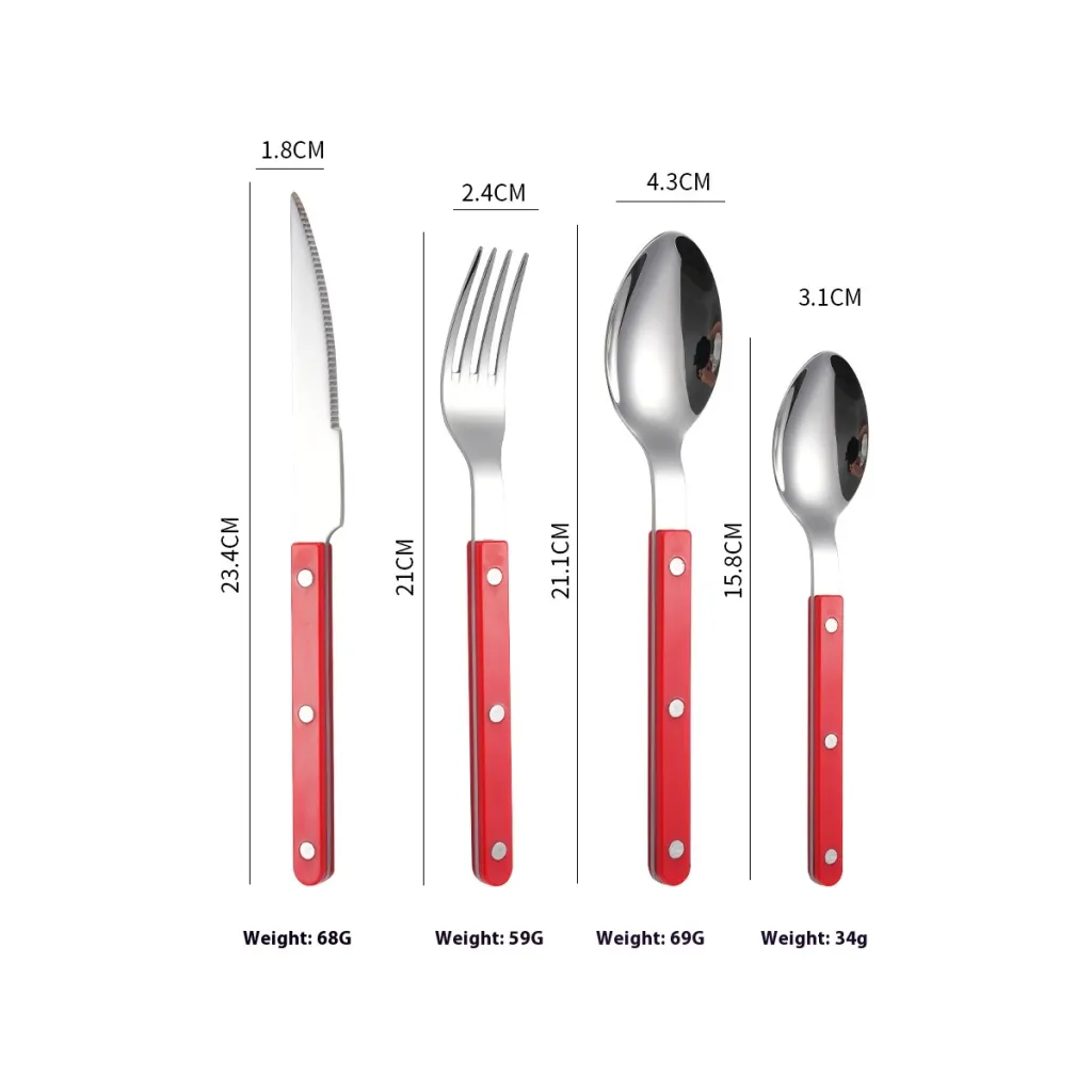 304 Stainless Steel Knife, Fork And Spoon French Rivet Tableware Clip Handle Hotel Western Dinner Set - Red Four Pieces