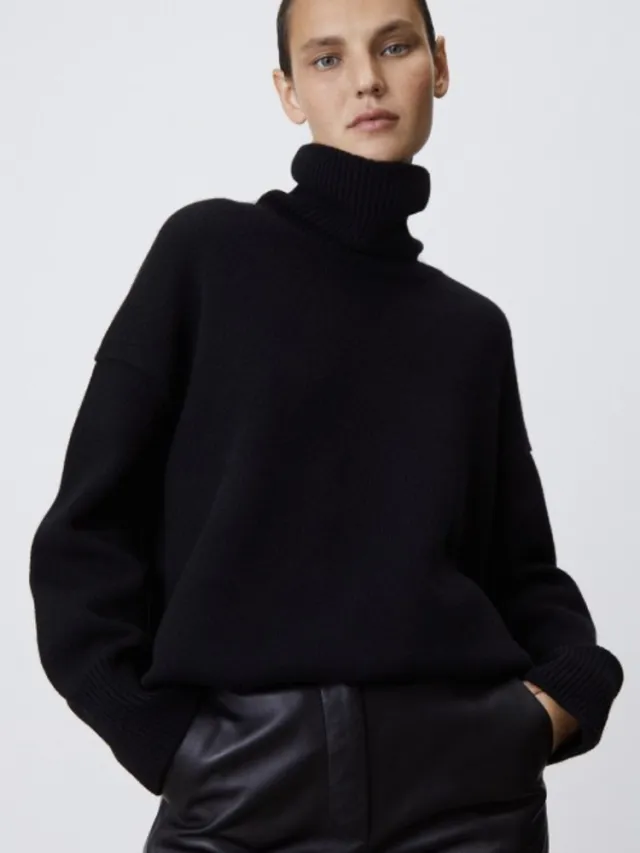 Women's Multi color Turtleneck Solid Color Sweater Loose Pullover Stand Collar Black - Shop at LoveMi