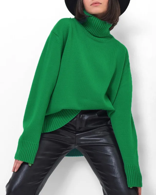 Women's Multi color Turtleneck Solid Color Sweater Loose Pullover Stand Collar Green - Shop at LoveMi